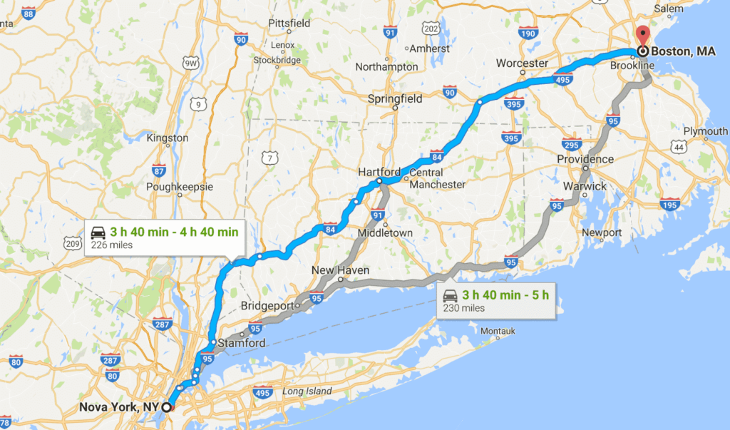Roteiros e informações da viagem de carro entre Nova York e Boston