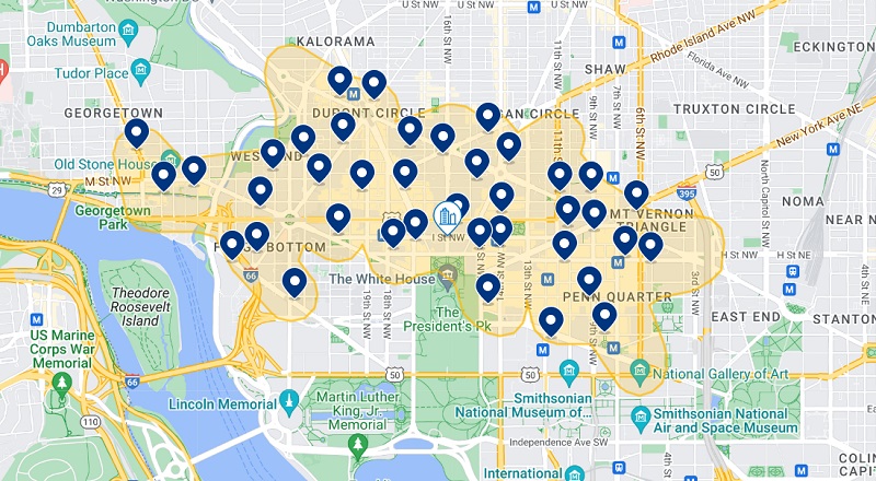 Mapa dos melhores hotéis em Washington