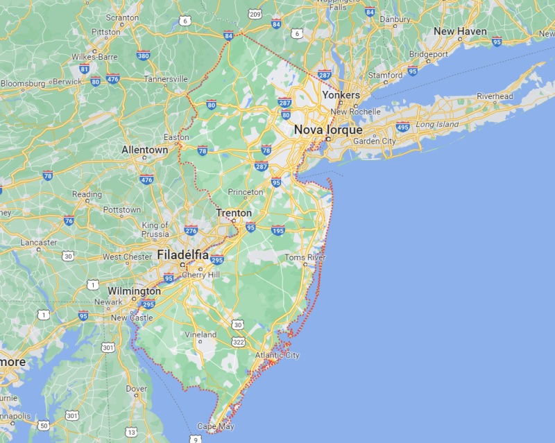 Mapa do estado de Nova Jersey pontilhado na cor vermelha