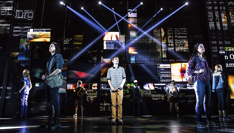 In this undated photo provided by Dear Evan Hansen, the national touring cast of “Dear Evan Hansen” performs. In addition to selling out each night on Broadway, the show is launching a 50-city national tour from Denver. The first international production is slated for Toronto next year and another will bow in London. (Matthew Murphy/Dear Evan Hansen vi AP)